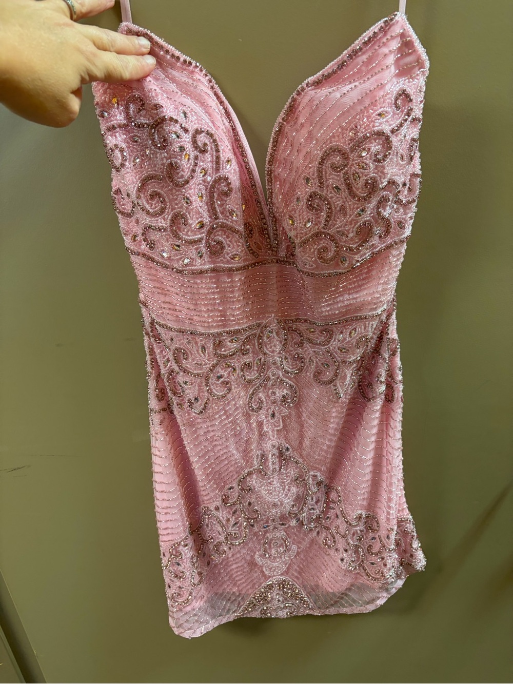 Jovani Pink Beaded Spaghetti-Strap Mini Dress MSRP $539